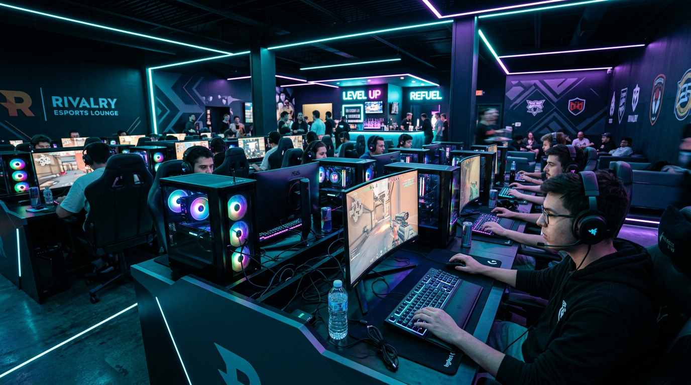 Neon-lit GameGrid gaming lounge with PC stations