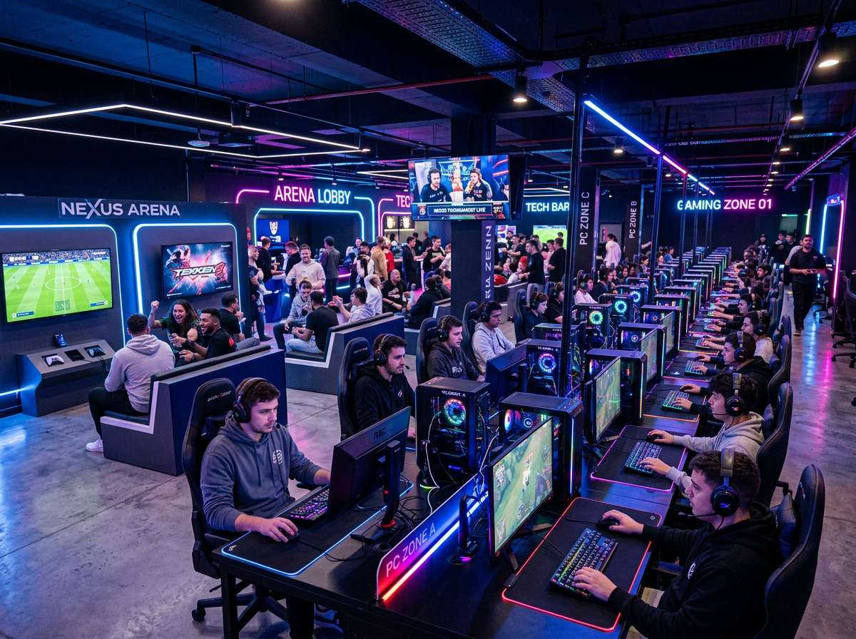 Inside the GameGrid lounge showing social setup areas