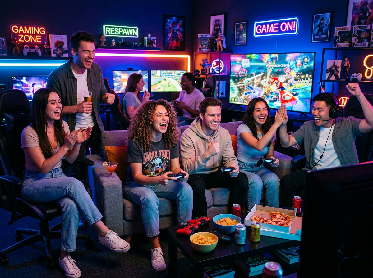 Group celebrating a party at GameGrid's gaming lounge