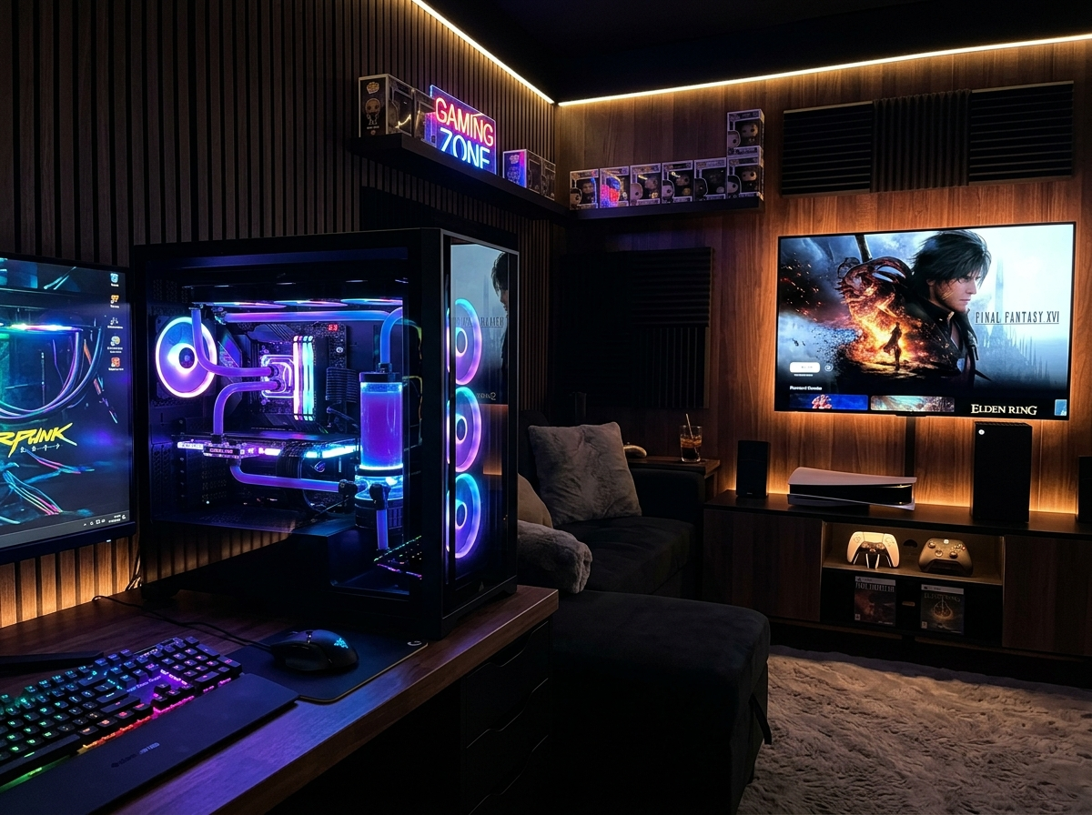 Console and PC gaming station setups side by side