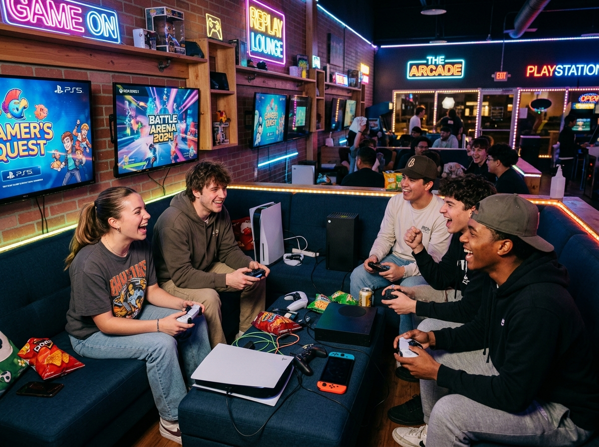 Friends gaming together in the GameGrid lounge